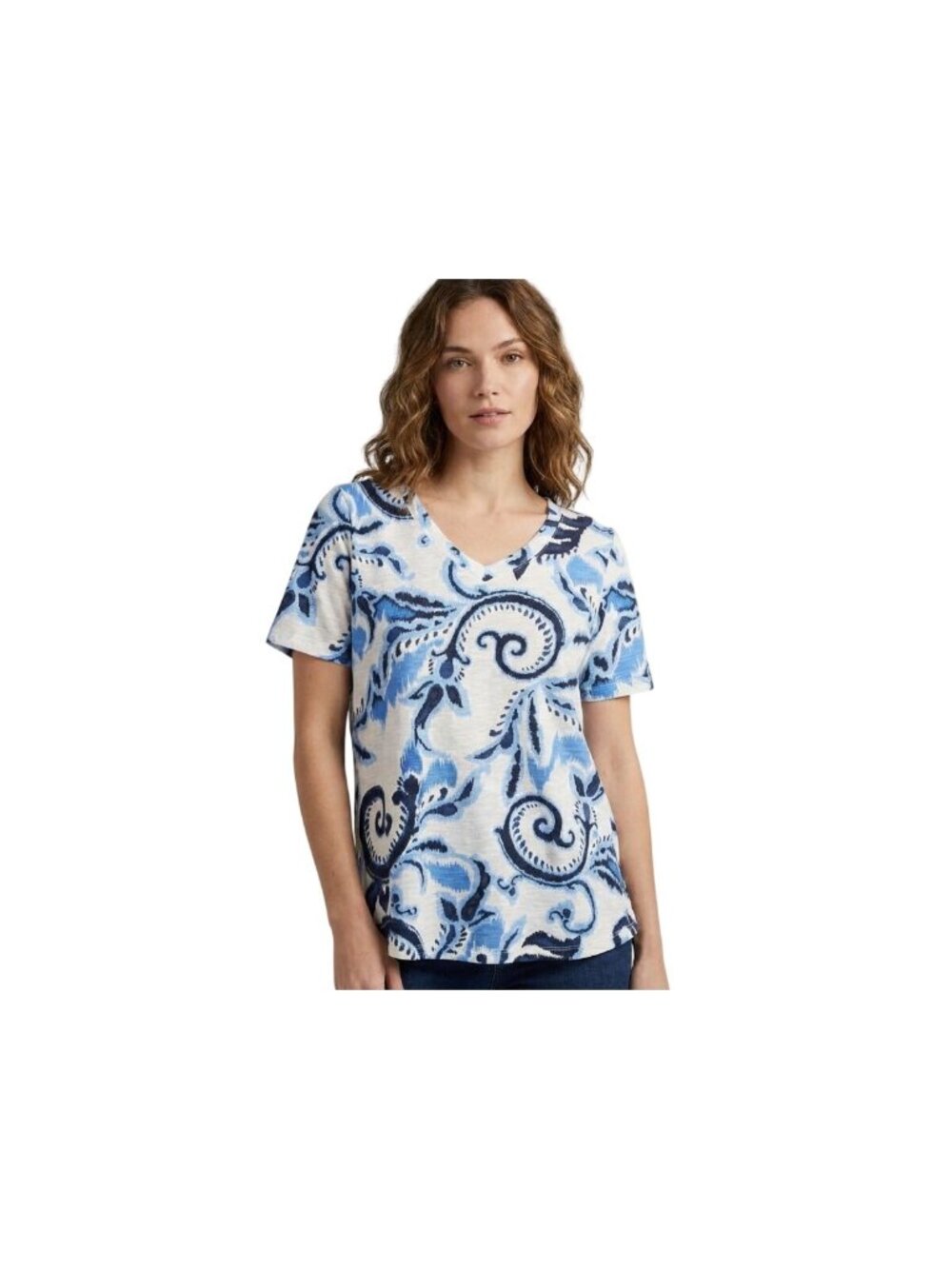 Chicos Womens Top T Shirt Sz S Blue Paisley Abstract Casual V Neck Short Sleeved